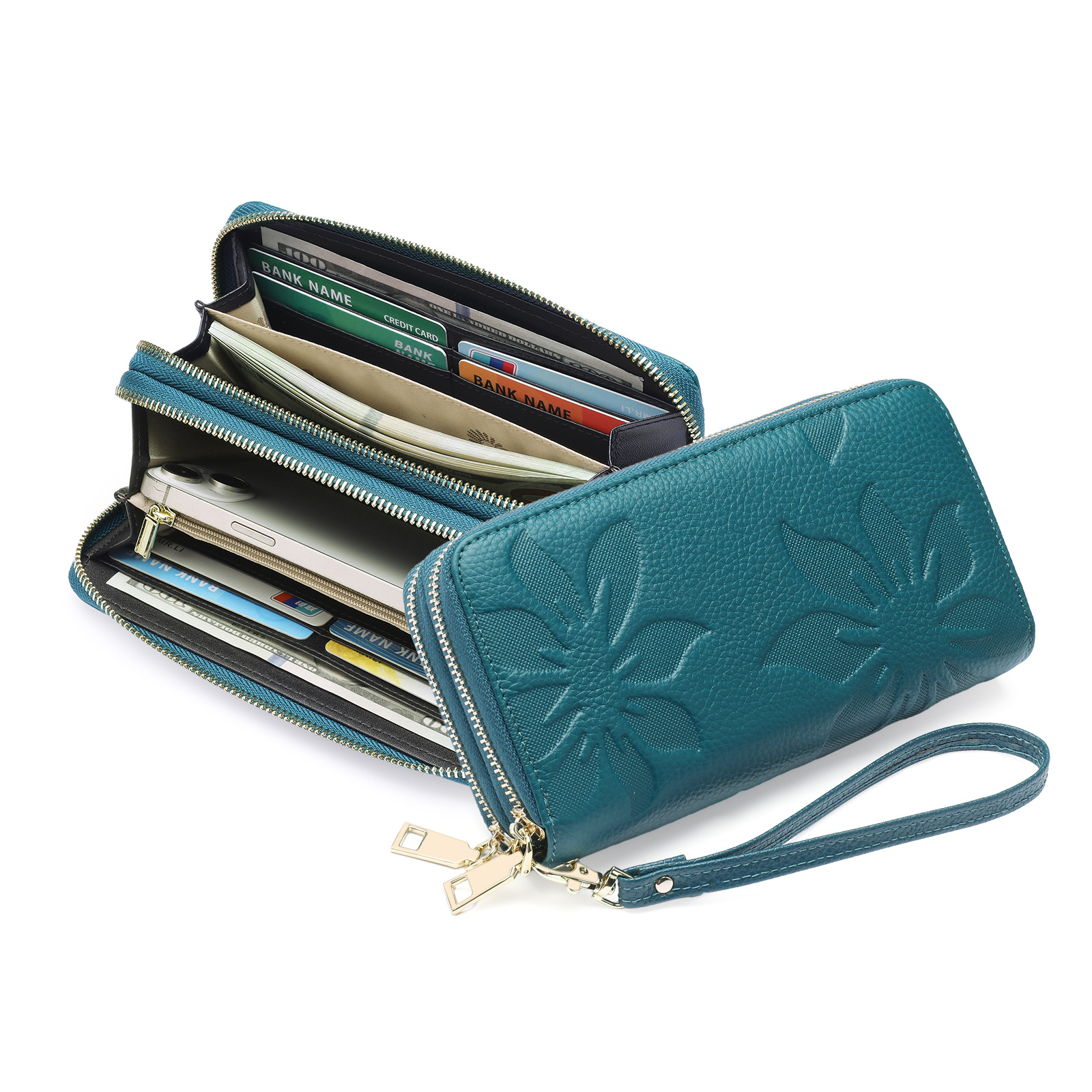 女士双拉链真皮钱包rfid大容量长款头层牛皮手机包印花手抓包批发