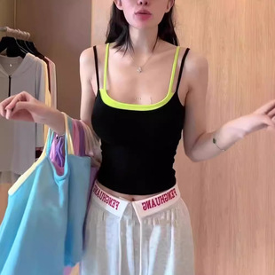 虞书欣同款黑色假两件吊带背心撞色双肩性感辣妹风带胸垫短款上衣