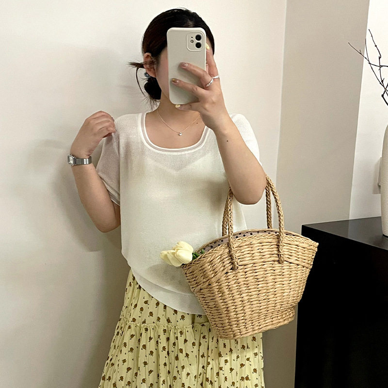 大码女装23988外搭薄款上衣女方领针织衫2026夏款胖mm宽松短袖t恤