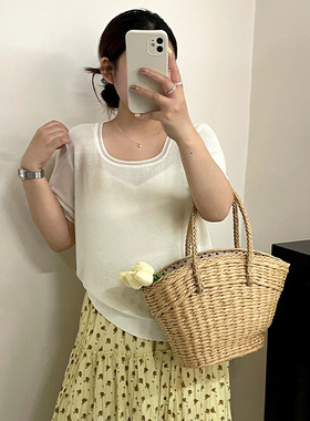 乃粒大码女装23988外搭薄款上衣女方领针织衫2026夏款胖mm短袖t恤