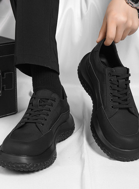 春季男鞋透气潮牌休闲运动鞋2024新款百搭黑色阿甘鞋男款厚底布