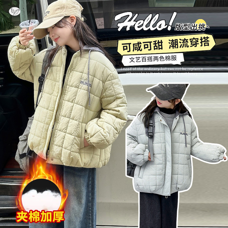 女童夹棉外套2025年冬季新款中大童纯色连帽棉服加厚短款刺绣棉衣，童装棉衣，祺儿童装