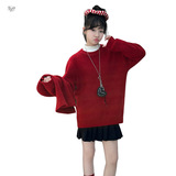 女童2025秋冬新款可拆卸堆堆活帽红色毛衣女大童洋气拜年服针织衫，童装毛衣，祺儿童装