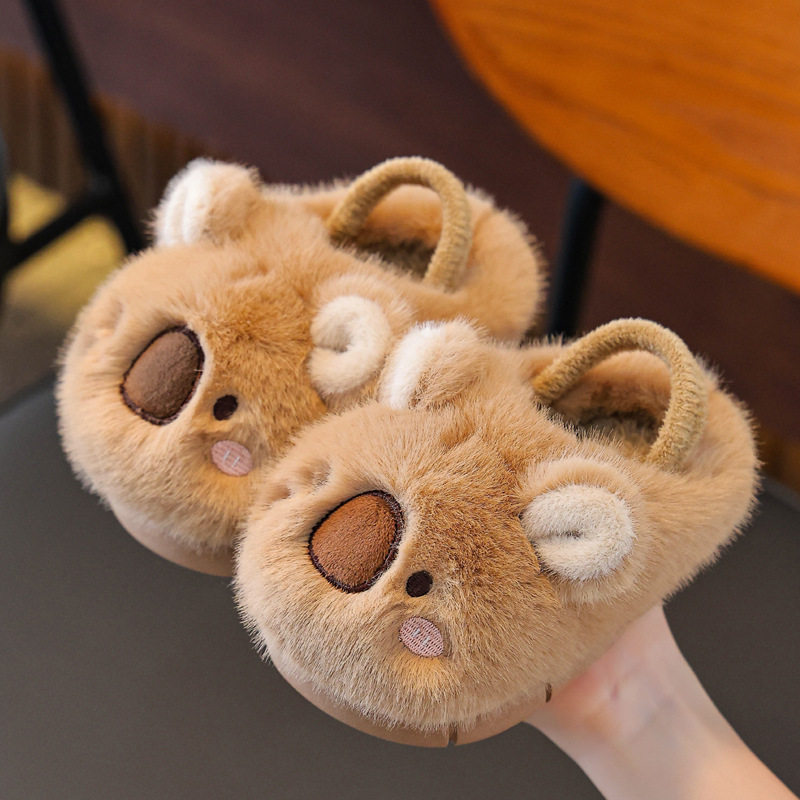 儿童棉拖鞋冬男童女童可爱室内家居防滑男宝宝小童有松紧带毛拖鞋