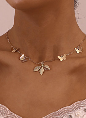 简约可调节三叶草蝴蝶吊坠项链女冷淡风ins女项饰佐文