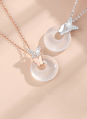 蝴蝶平安扣项链女复古新中式玉石吊坠甜美气质ins轻奢小众设计感