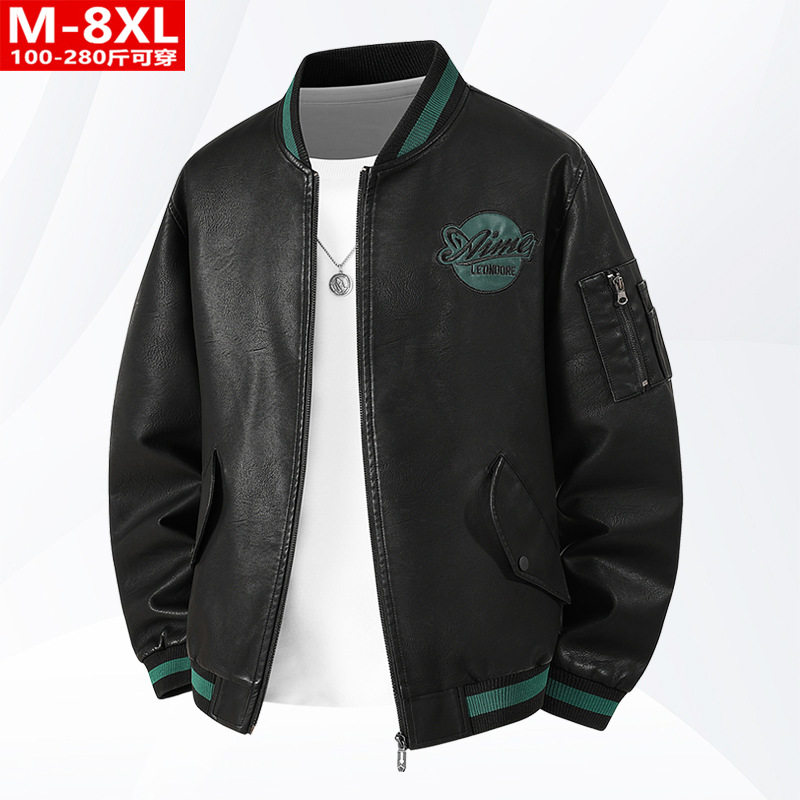 春秋季潮装时尚棒球领绣花机车皮衣夹克胖大码加宽松休闲外套