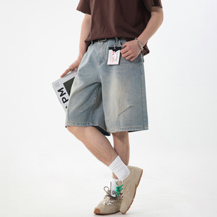 FZZC结构分割水洗牛仔短裤 春夏潮复古做旧潮牌日系百搭宽松五分裤
