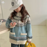 女童毛衣外套2025年秋冬新款加厚费尔岛提花针织开衫中大童拉链衫，童装毛衣，祺儿童装