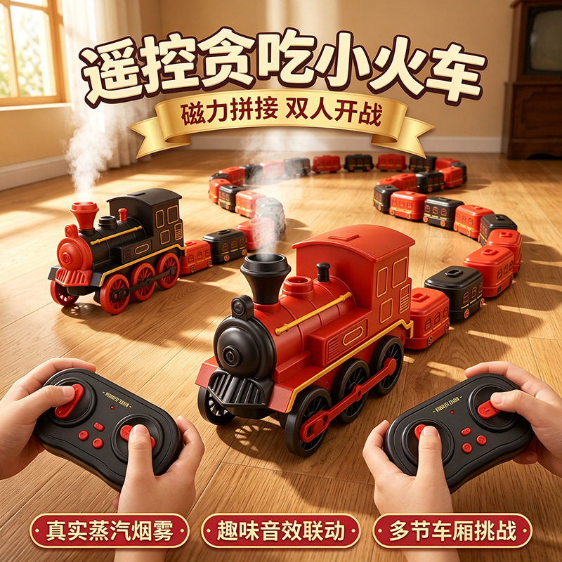 遥控贪吃小火车磁力拼接吞食竞技电动喷雾磁吸小火车贪吃蛇大作战