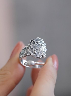 牡丹花戒指S925银复古做旧女
