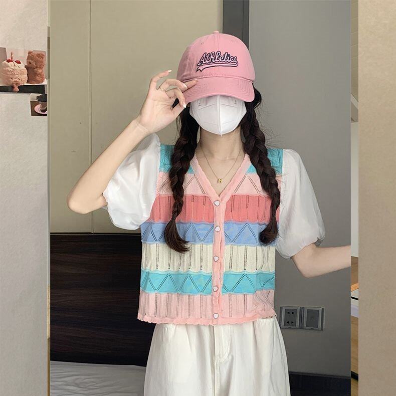 彩色条纹设计感短袖拼接