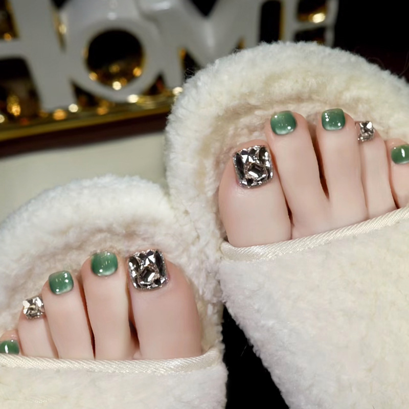 JZ-109穿戴甲美甲甲片夏季清新绿色猫眼闪粉满钻手工封层脚甲