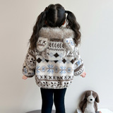 女童费尔岛冬装外套2025新款儿童洋气冬季加绒加厚保暖连帽毛毛衣，童装外套，祺妙童装