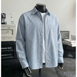 春季宽松休闲浅蓝格纹miu系穿搭风衬衣闲外套OC8040-P52控88，男装衬衫，电商A362