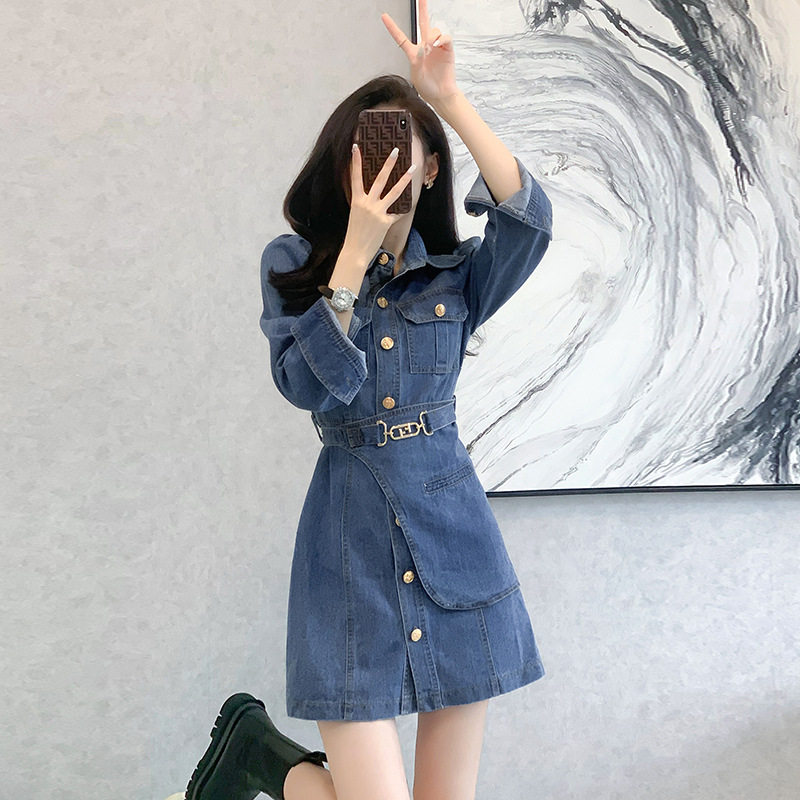 复古牛仔连衣裙女2023秋季新款港风辣妹小个子长袖收腰连体裙子潮