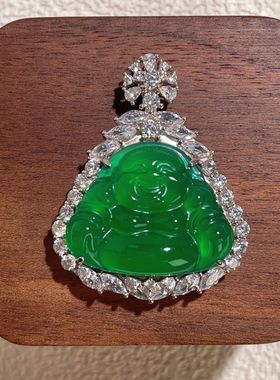 s925纯银新款天然玉石冰绿玉髓佛公吊坠新中式弥勒佛翡翠绿色项链