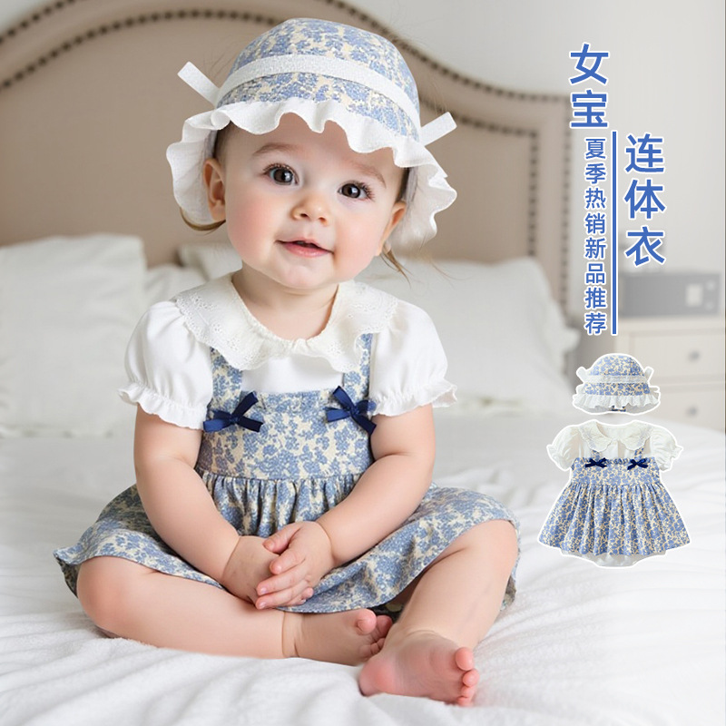 逸妈精选裙子紫色短袖背带裙蕾丝翻领甜美淑女夏季女童包屁连衣裙