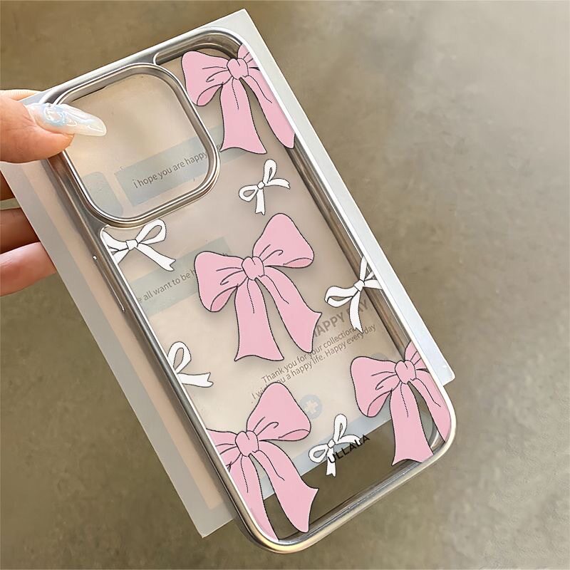 full screen pink bow electroplating clear case适用iphone 11 12 13 14 15 16 17 pro max XR XS MAX
