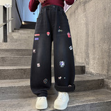 女童2025年冬季新款卡通印花加绒牛仔裤女孩小行星宽松修身阔腿裤，童装裤子，祺儿童装