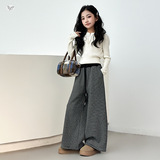 女童2025年冬季新款条纹加绒裤女孩软糯慵懒风保暖阔腿裤垂条长裤，童装裤子，祺儿童装