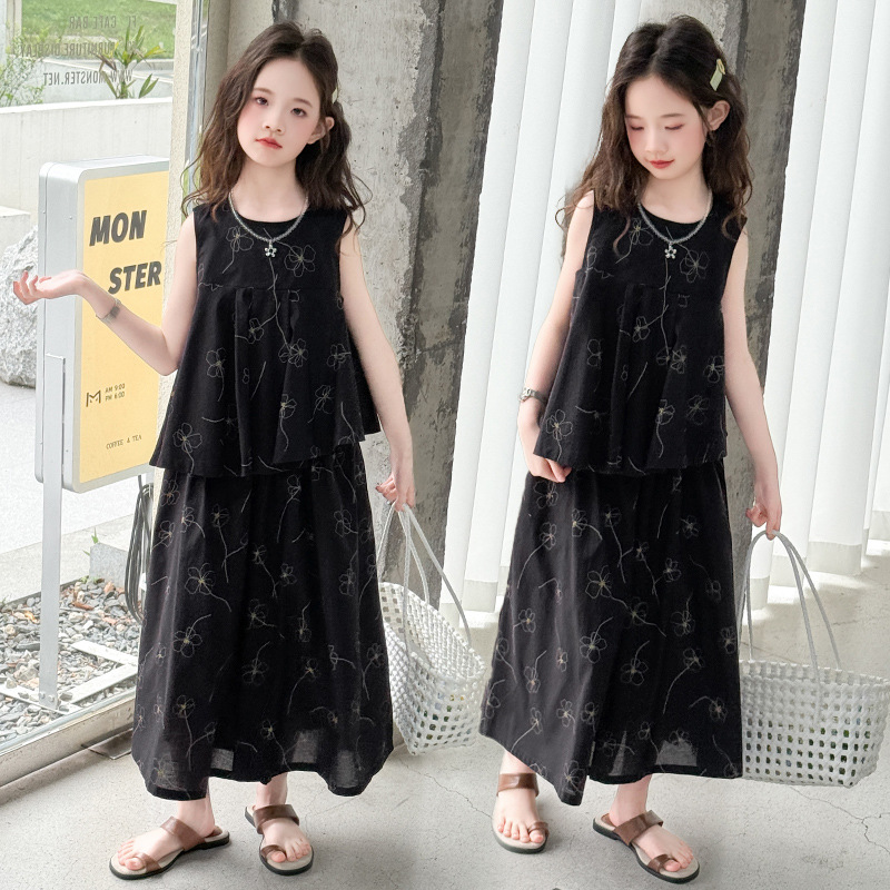女童夏季套装2025新款法式无袖碎花衬衫阔腿裙裤两件套中大童薄款，童装休闲套装，祺儿童装