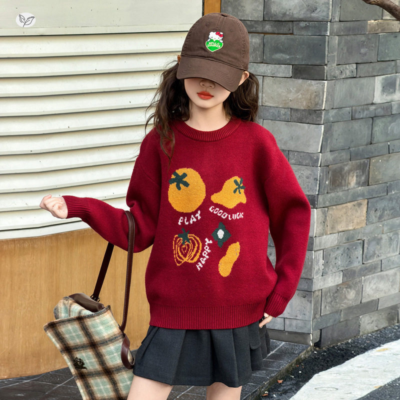 女童红色毛衣加厚2025年秋冬新款卡通针织套头衫中大童新年打底衫，童装毛衣，祺儿童装