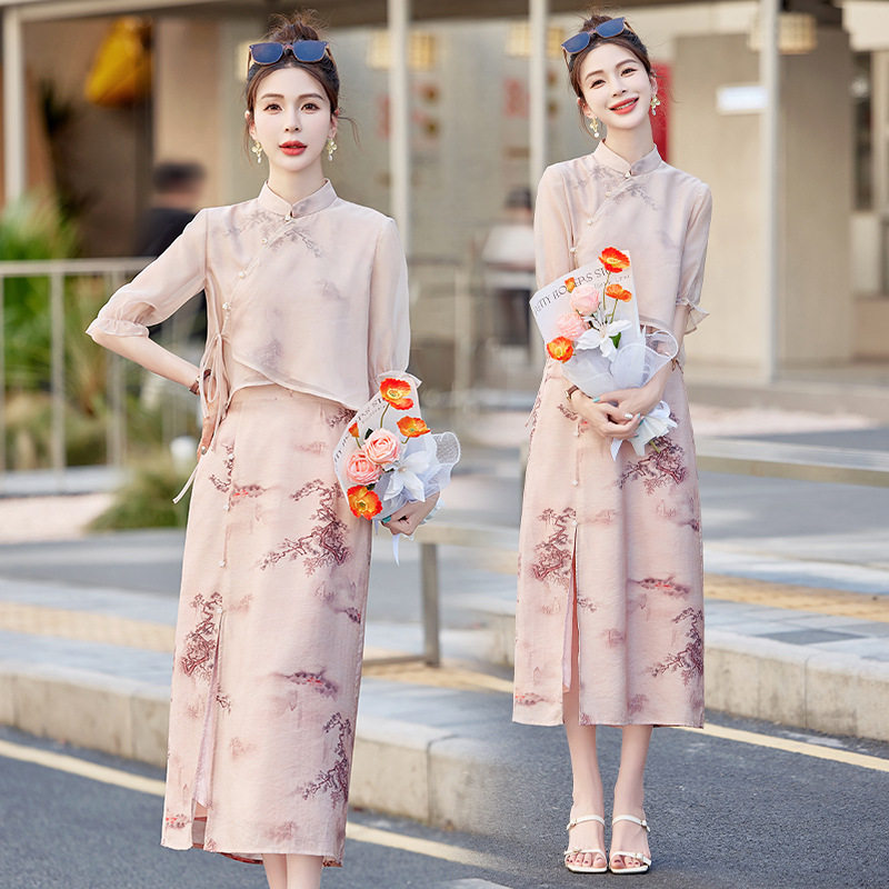 新中式国风改良旗袍连衣裙女2024夏新款端气质显瘦两件套装裙子