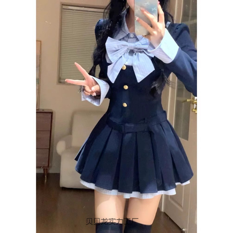 入秋韩系ins连衣裙套装假两件穿搭学院风氛围感富家千金a字百褶裙