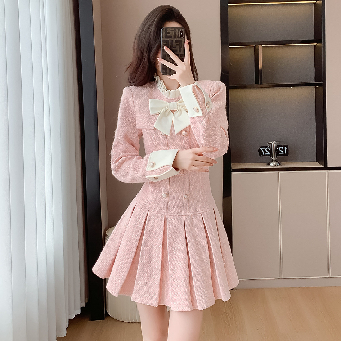 xyy794法式甜美龄粉色百褶短裙2025秋冬小香风气质收腰连衣裙女