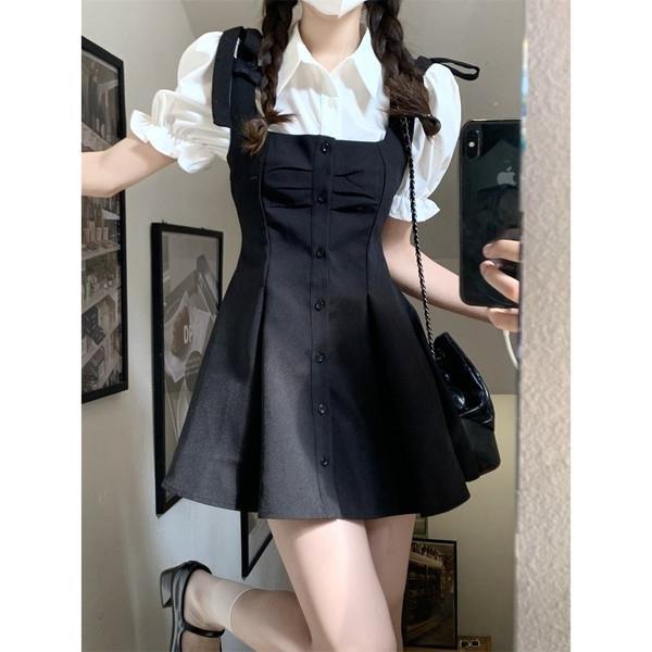 韩系学院风套装女夏季新款泡泡袖衬衫+背带连衣裙龄甜酷两件套