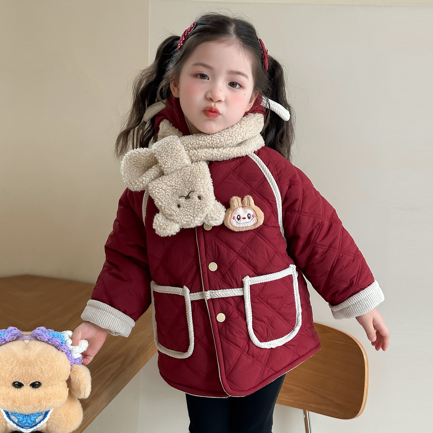 女小童秋冬绗线棉服2025新款女加厚时髦儿童连帽外套冬季棉衣P80，童装棉衣，祺妙童装