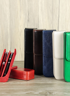 疯马牛皮真皮质复古彩色笔袋2支装纯色磁吸学生钢笔手工制收纳盒