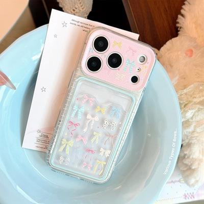 Stylish Bow Card Holder Phone Case Korean Clear Full Cover Soft Shell 适用 iPhone 17 Pro Max 16 15