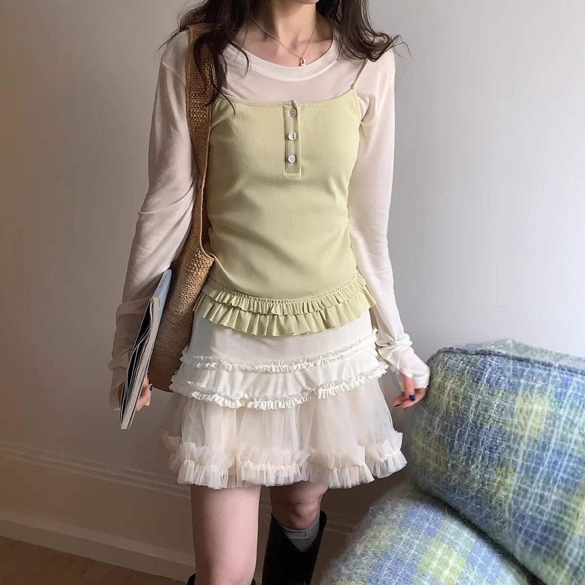 女装春季新款韩系甜美风龄花边吊带+打底上衣两件套装时尚正品