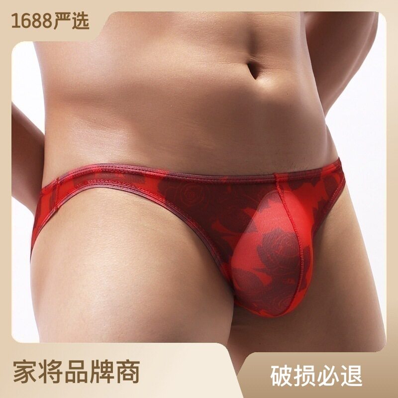 透明印花男士三角内裤性感低腰网纱提臀时尚男生超薄透气比基尼裤