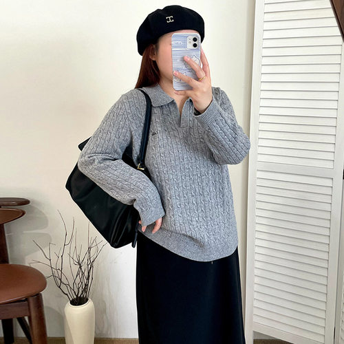 乃粒大码女装休闲polo领毛衣麻花纹理感上衣25冬胖mm针织衫23238