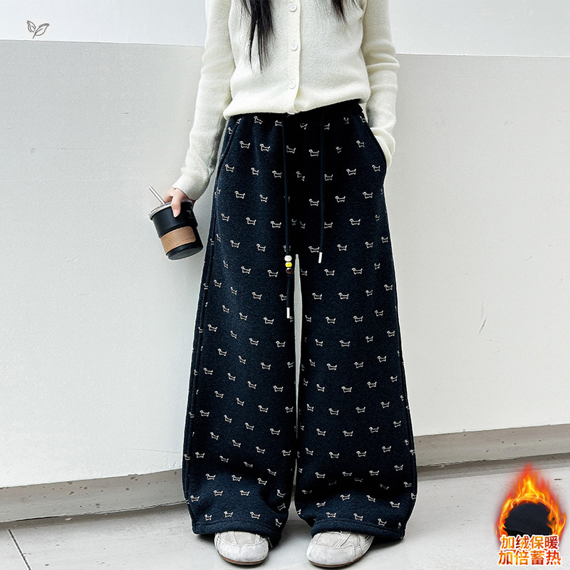 女童加绒卫裤2025年秋冬新款卡通印花阔腿裤中大童休闲直筒裤长裤，童装裤子，祺儿童装