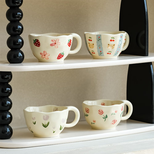 复古手捏风花卉陶瓷ins风马克杯高颜值家用女生水杯创意早餐杯子