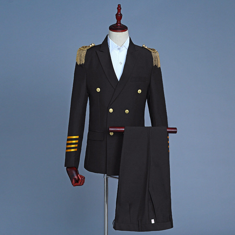 男士流苏肩章机长制服演出西服双排扣军装礼服黑白藏青色舞台影楼