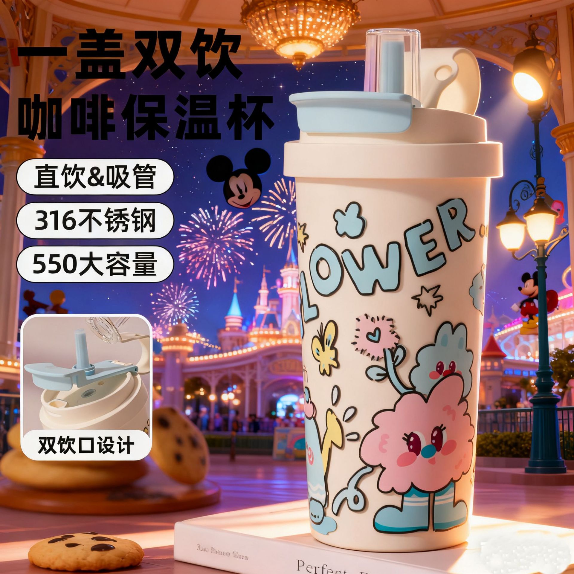 颜值轻奢咖啡保温杯大容量水杯316L不锈钢家用加厚卡通吸管杯子