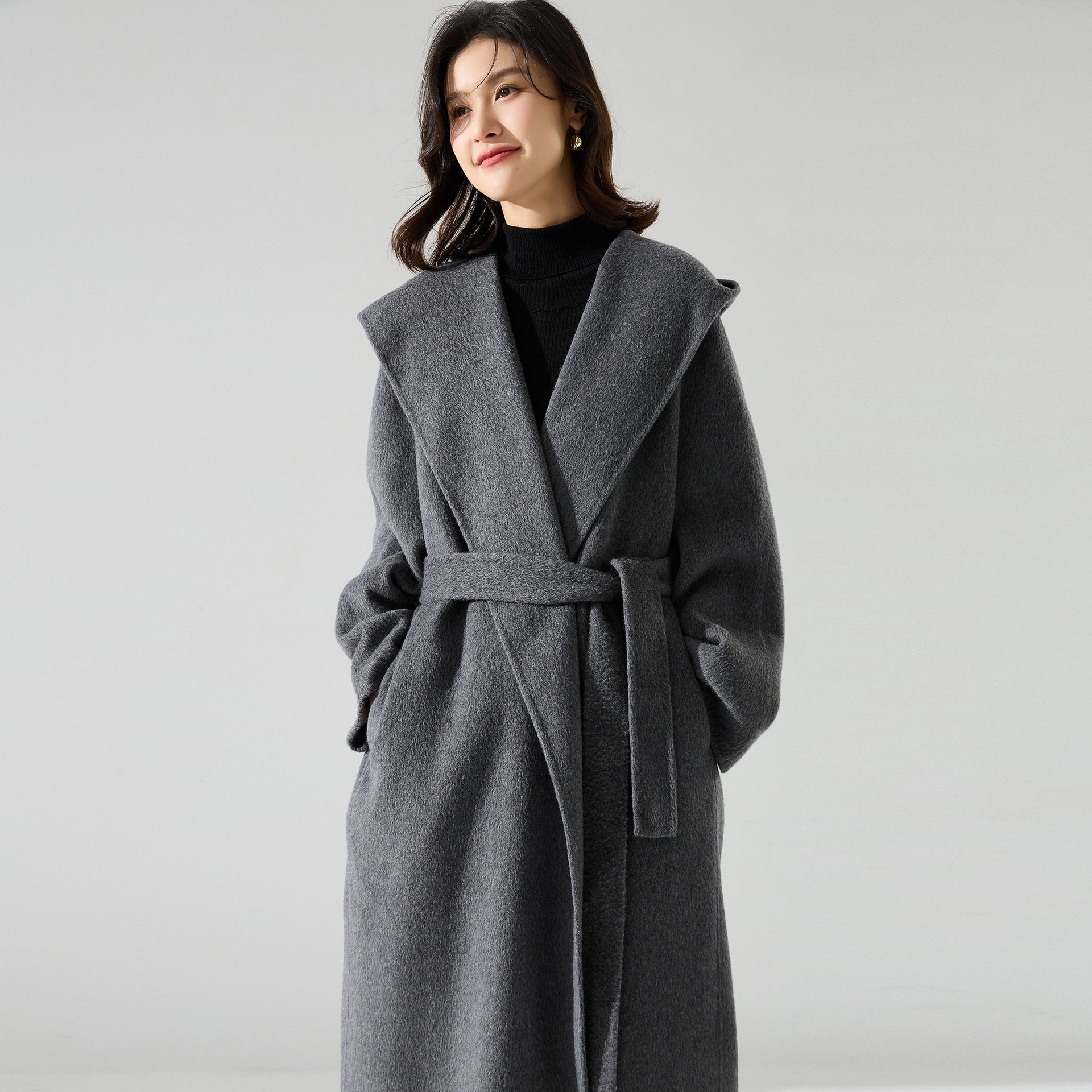 25冬季新款真丝山羊绒羊毛大衣长款级连帽浴袍双面呢大衣15485