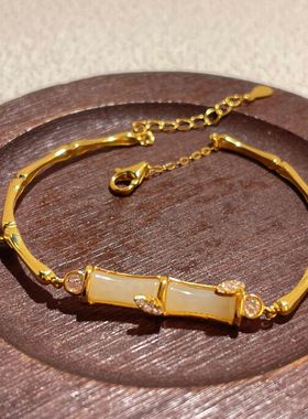 s925纯银镀黄金色新款天然和田玉有你竹够手链新中式半镯女手饰品