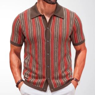 Spring Summer stripe Knitted polo shirt Men 针织条纹Polo衫男