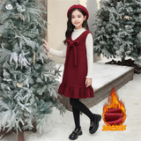 女童蝴蝶结年服裙套装2025冬季新款中大童荷叶边背心裙两件套时髦，童装休闲套装，祺儿童装