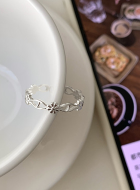 925纯银不规则镂空花朵戒指女韩版清新甜美小众小香风开口指环银