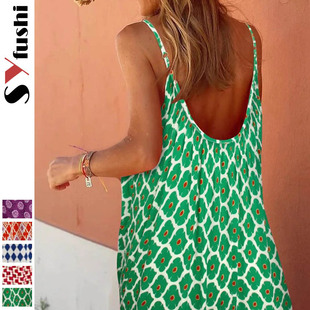 Bohemian vacation print suspender V-neck loose long dress