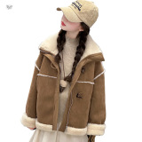 女童加厚外套2025秋冬新款中大童皮毛一体棉衣洋气保暖夹克衫冬装，童装外套，祺儿童装