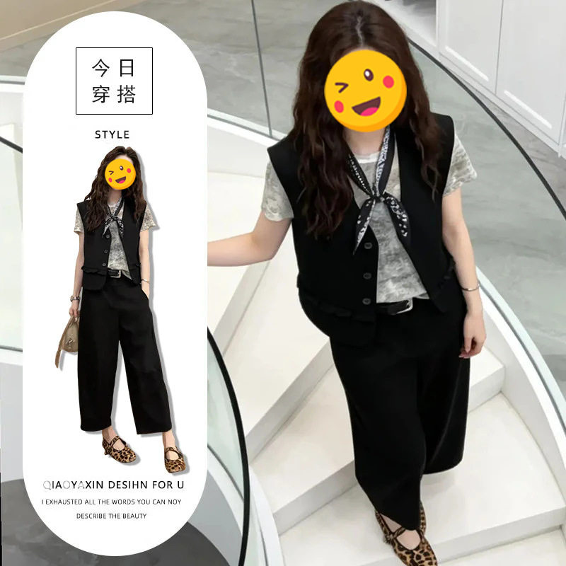 大码女装胖mm简约垂感大牌藏肉气质短袖T恤黑色马甲腰休闲裤套装