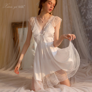 仙懿私房长款 睡衣仿真丝纯欲风睡裙蕾丝吊带女士家居服可外穿472
